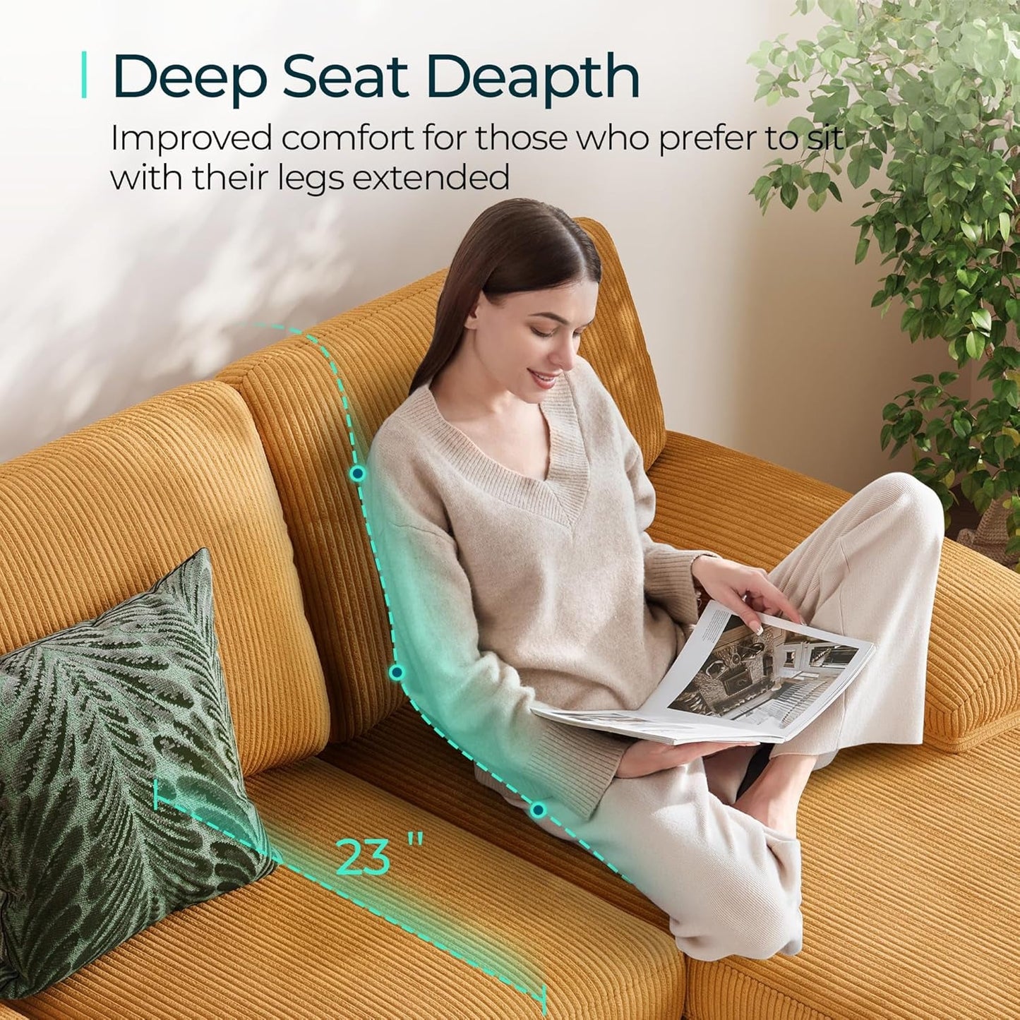 Sectional Couch, 111'' W Corduroy U Shaped Sofa with Sleepable Armrests, 4 Seat Couch with Double Chaises, Deep Sofa for Living Room, Yellow-2