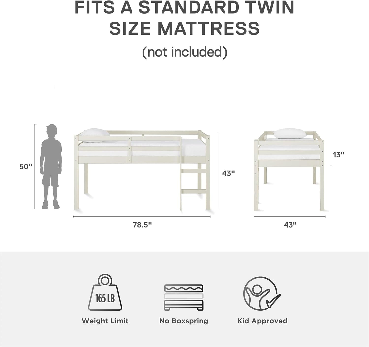 DHP Milton Twin Loft Bed, White, Traditional Small Space Junior Size, Horizontal Paneling, Sturdy Wood Construction-2
