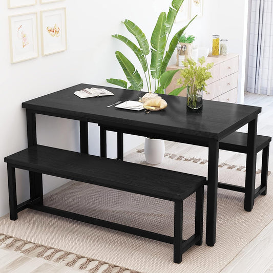 Rectangular Dining Table and Chairs for 4, Modern Wood Bench Dining Room Table Set-1
