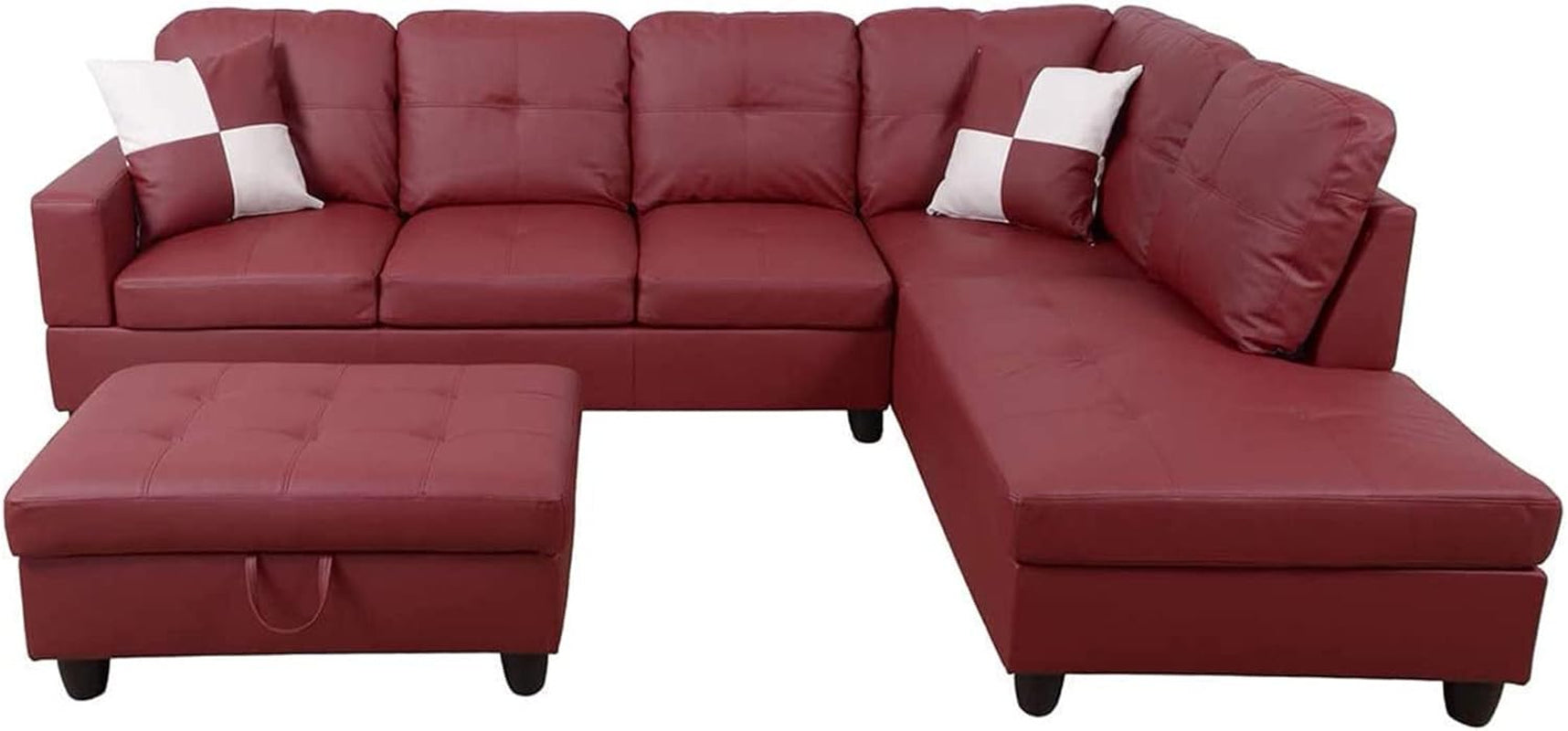 Sectional Sofa Faux Leather Modern L Shaped Couch Set 103.5”Wide Including Chaise and 3 Seating Sofa with Storage Ottoman for Living Room Furniture (Right Hand Facing, B-Red)-2