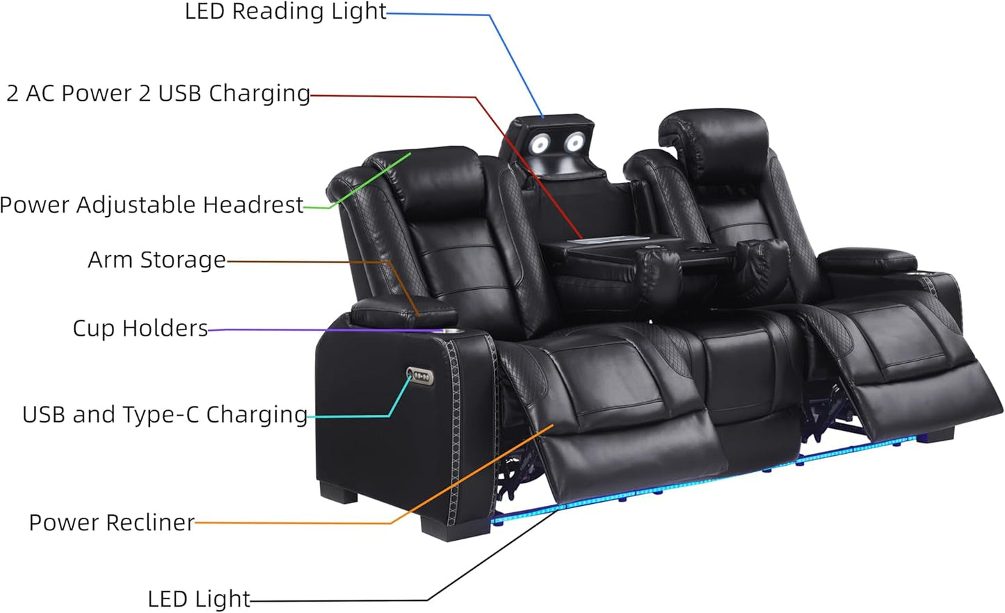 Breather Leather Power Recliner Sofa Couch Set with Adjustable Headrest and Cup Holders, Reclining Couches with Bluetooth Speaker and Wireless Charging for Living Room. Black-2