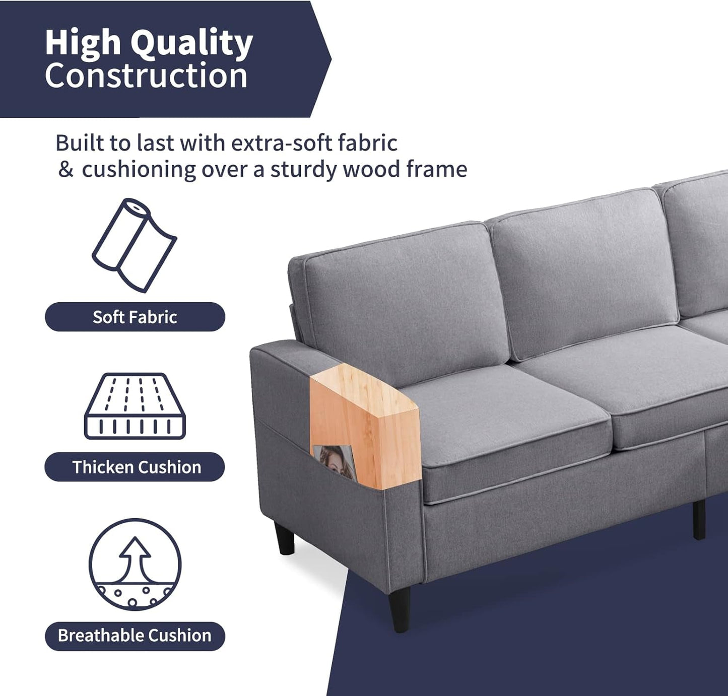 4 Pcs Sectional Sofa with Storage Ottoman for Living Room, Sectional Couches and Loveseat Sets, Living Room Furniture Set,3-Seat Sofa + Ottoman + Loveseat+ Armchair,Light Grey-3