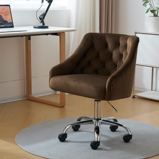 Velvet Office Swivel Chair, Vanity Chair, Fabric Desk Chair, Pretty Fancy Chair, Gold Office Chair for Girls, 360°Swivel Height Adjustable Reception Chair (BROWN1)-0