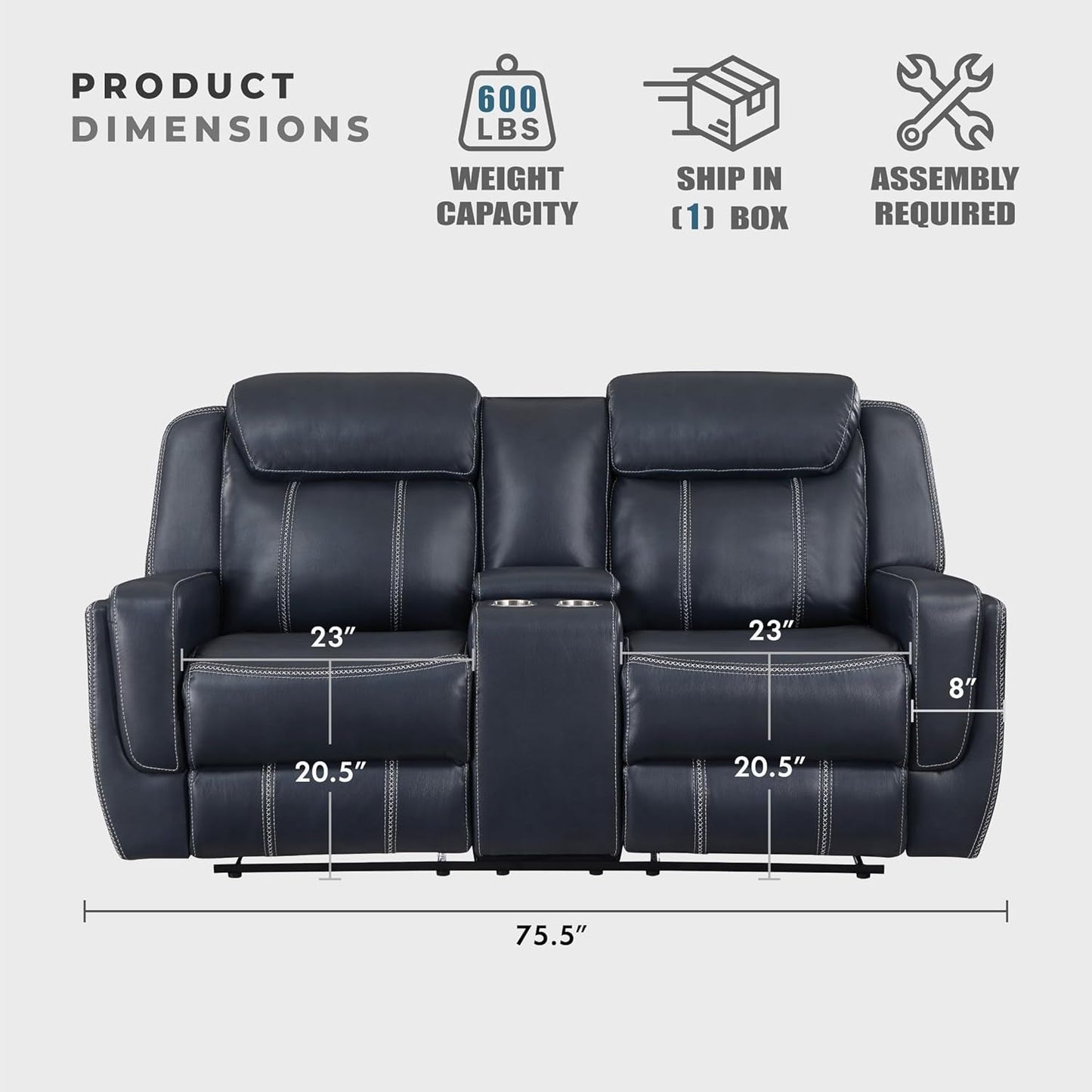Recliner Living Room Set, Home Theater Seating, Manual Faux Leather Upholstery Recliner Sofas, RV Couch Including Double Recliner Sofa and Loveseat, 2-Piece Set, Blue-3