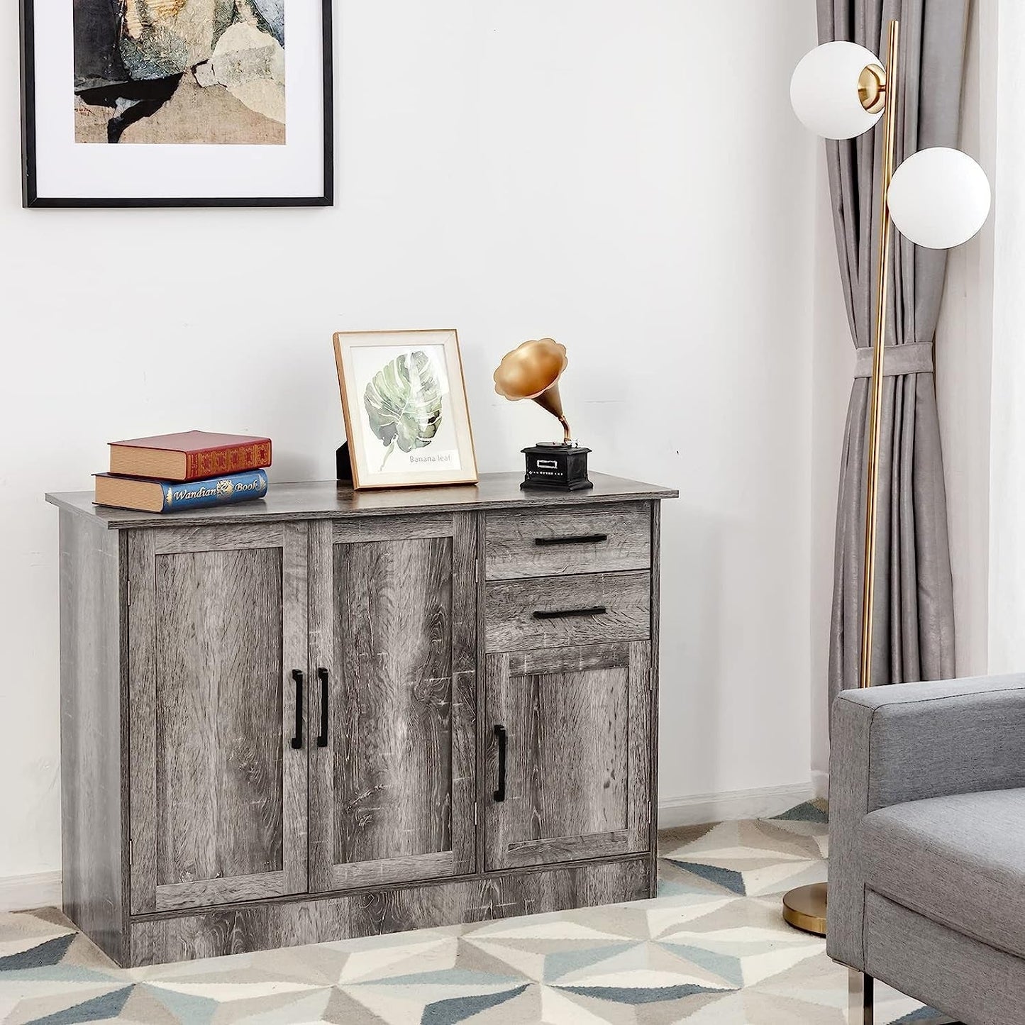 Gray Entryway Cupboard Sideboard Storage Cabinet with Drawers-0