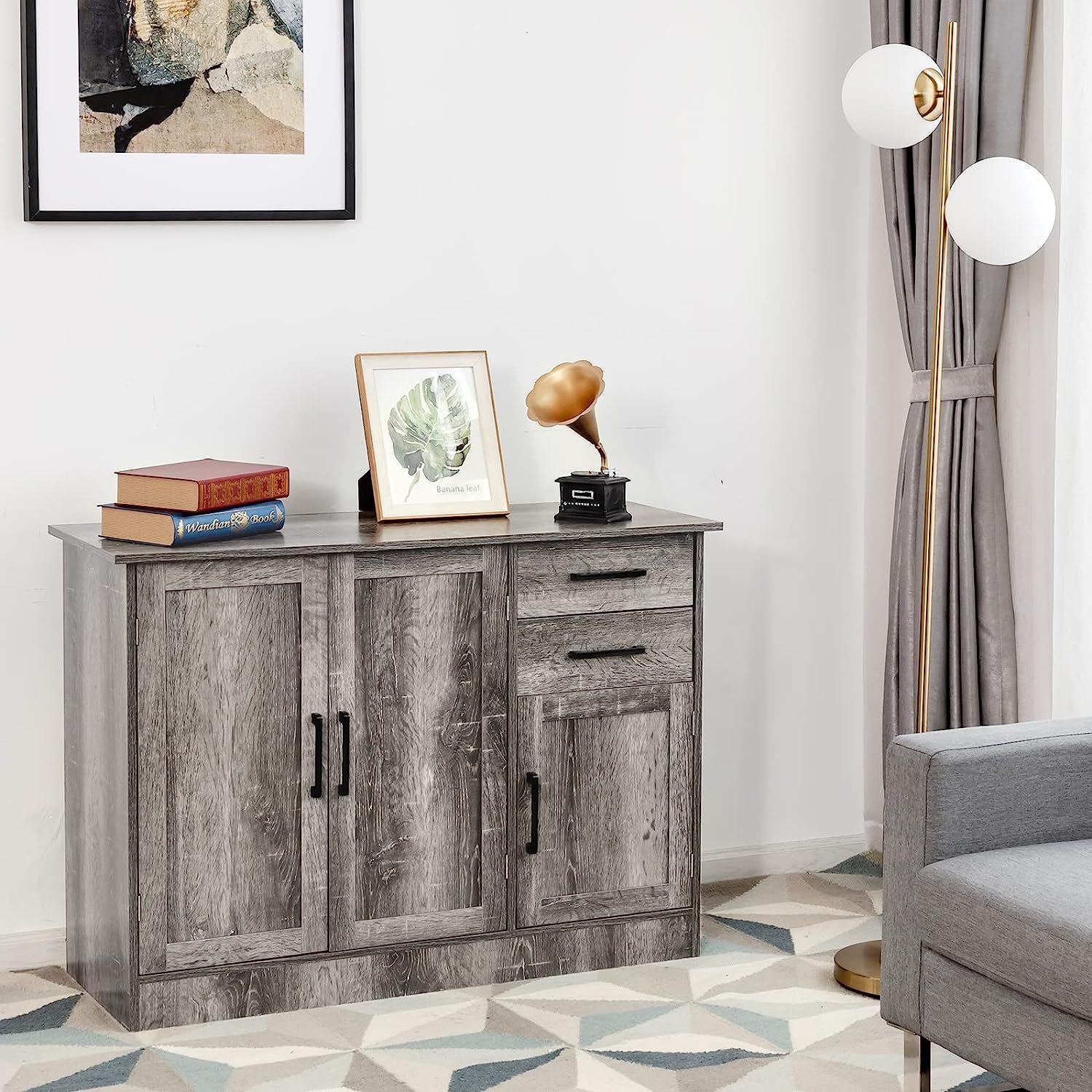 Gray Entryway Cupboard Sideboard Storage Cabinet with Drawers-0