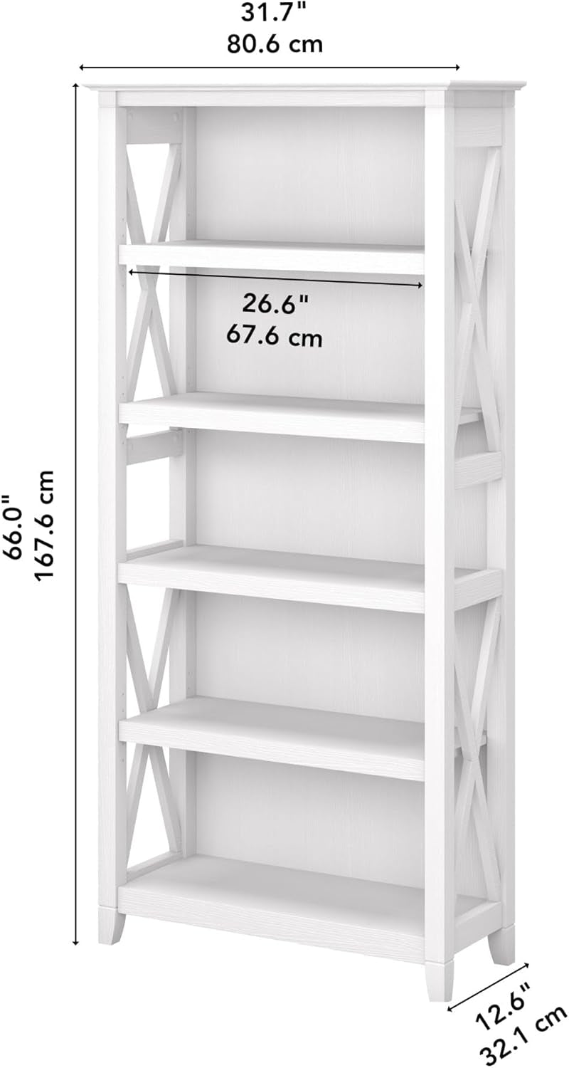 Bush Furniture Tall 5 Shelf Bookcase for Living Room or Home Office, Large Bookshelf, Modern Farmhouse Style, Key West Collection, Pure White Oak-2