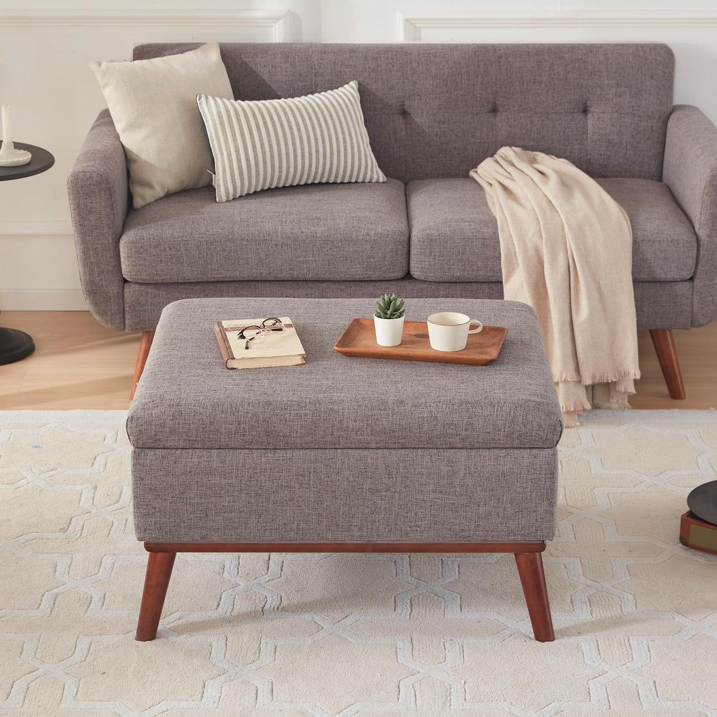 65" W Loveseat Sofa with Ottoman Coffee Table, Mid Century Modern Decor Love Seat Couches and Ottoman with Storage for Living Room, Button Tufted Upholstered Love Seats Furniture Set, Grey-4