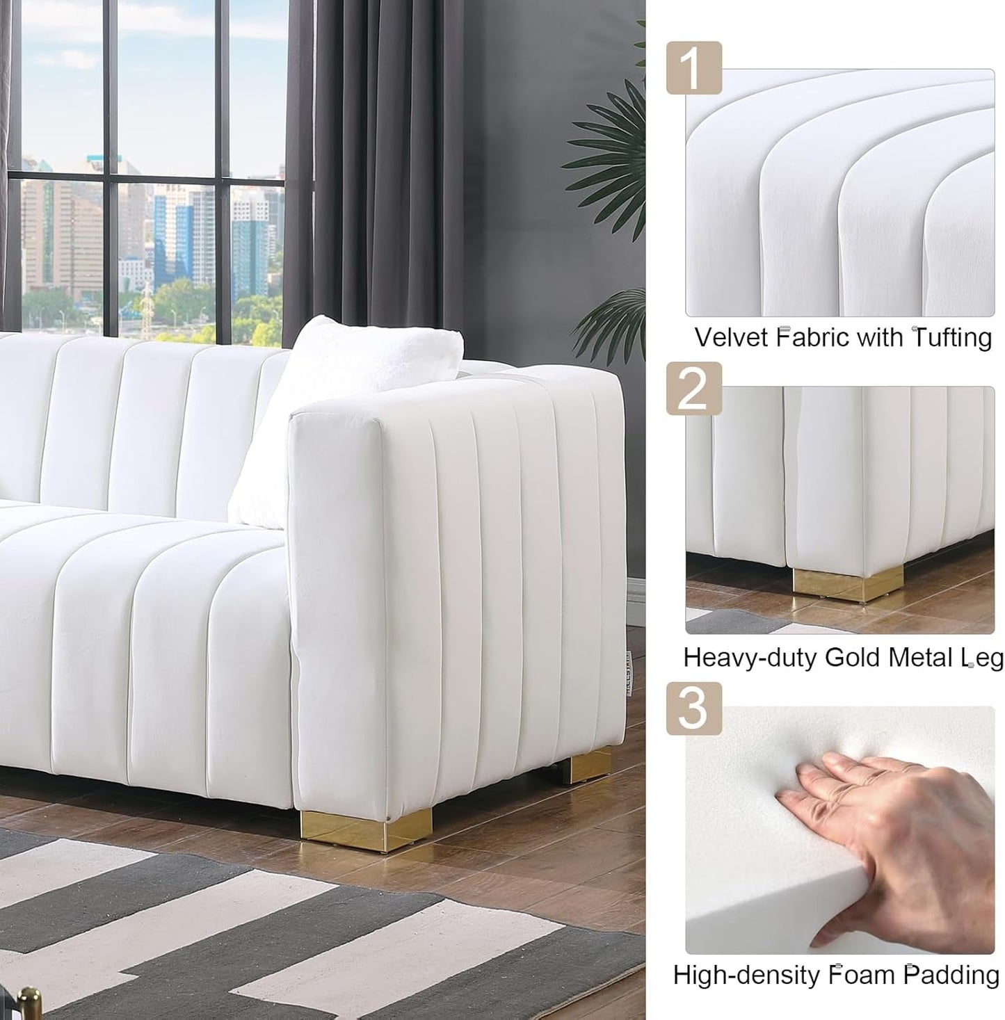 2 Piece Living Room Furniture Set, Including Loveseat and 3-Seater Sofa Couch with Channel Tufted Velvet Fabric, 4 Pillows for Bedroom Apartment, White-2