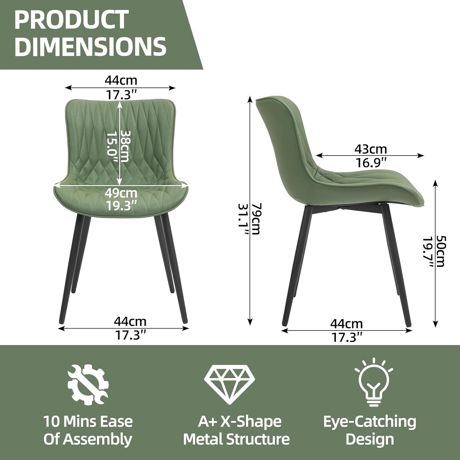 Dining Chairs Set of 2, Mid-Century Modern Upholstered Dining Chairs, Armless Faux Leather Accent Chairs with Backrest, Living Dining Room Chairs with Metal Legs for Dining Room, Green-1