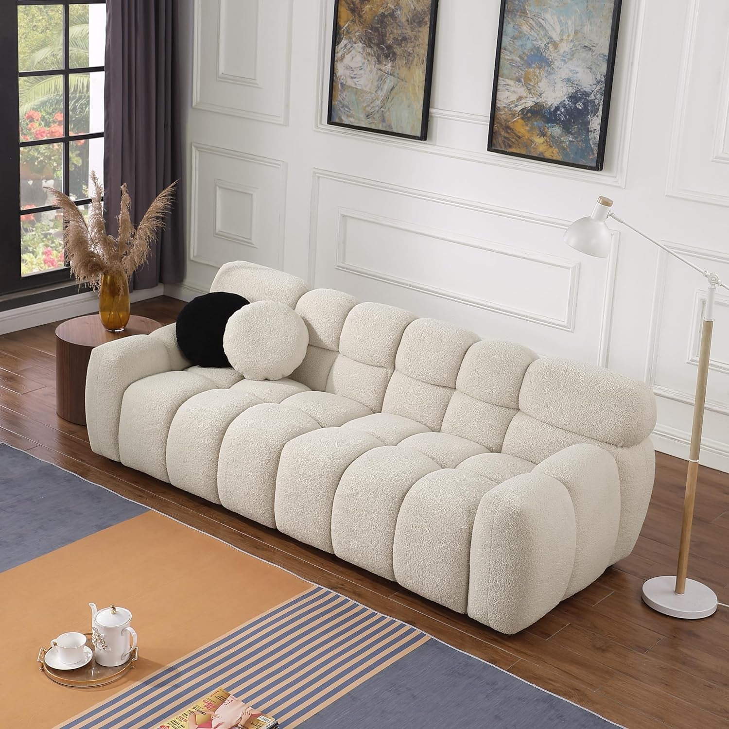 3 Seater Teddy Fleece Boucle Upholstered Loveseat Sofa Clouch Couch, Minimalist Style Marshmallow Deep-Seat Cloud Modular Couch with Thicked Cushions and Decor Pillows for Living Room, Bedroom-0
