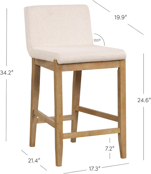 Gracie Modern Counter Height Bar Stool with Back, Counter Stool Upholstered Chair with Natural Flax White Fabric and Brushed Wooden Legs, Natural Flax/Brown, Set of 4-1