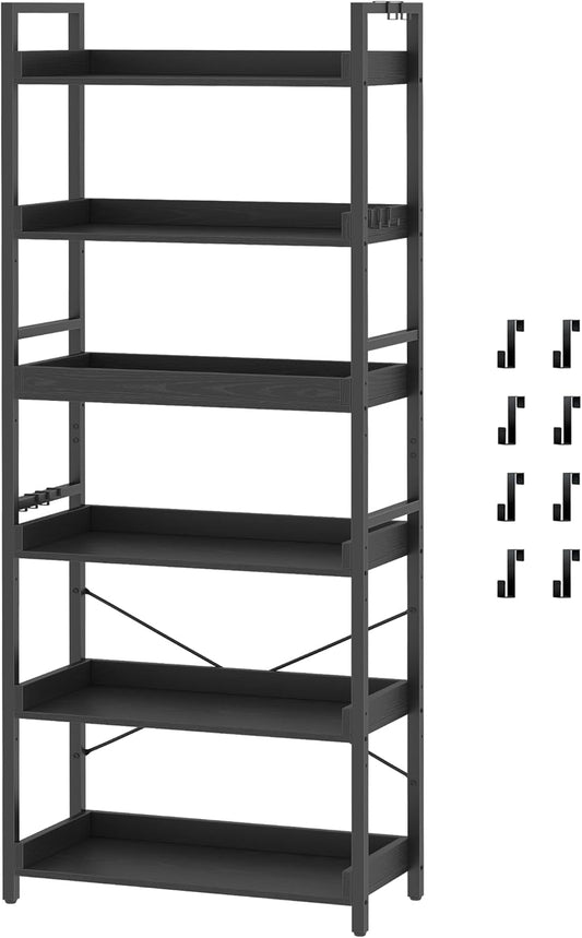 6 Tier Bookshelf, Adjustable Industrial Bookcase, Vertical Tall Book Shelf, Wood and Black Metal Open Bookshelves for Home Office, Living Room, Bedroom, 70 Inch-0