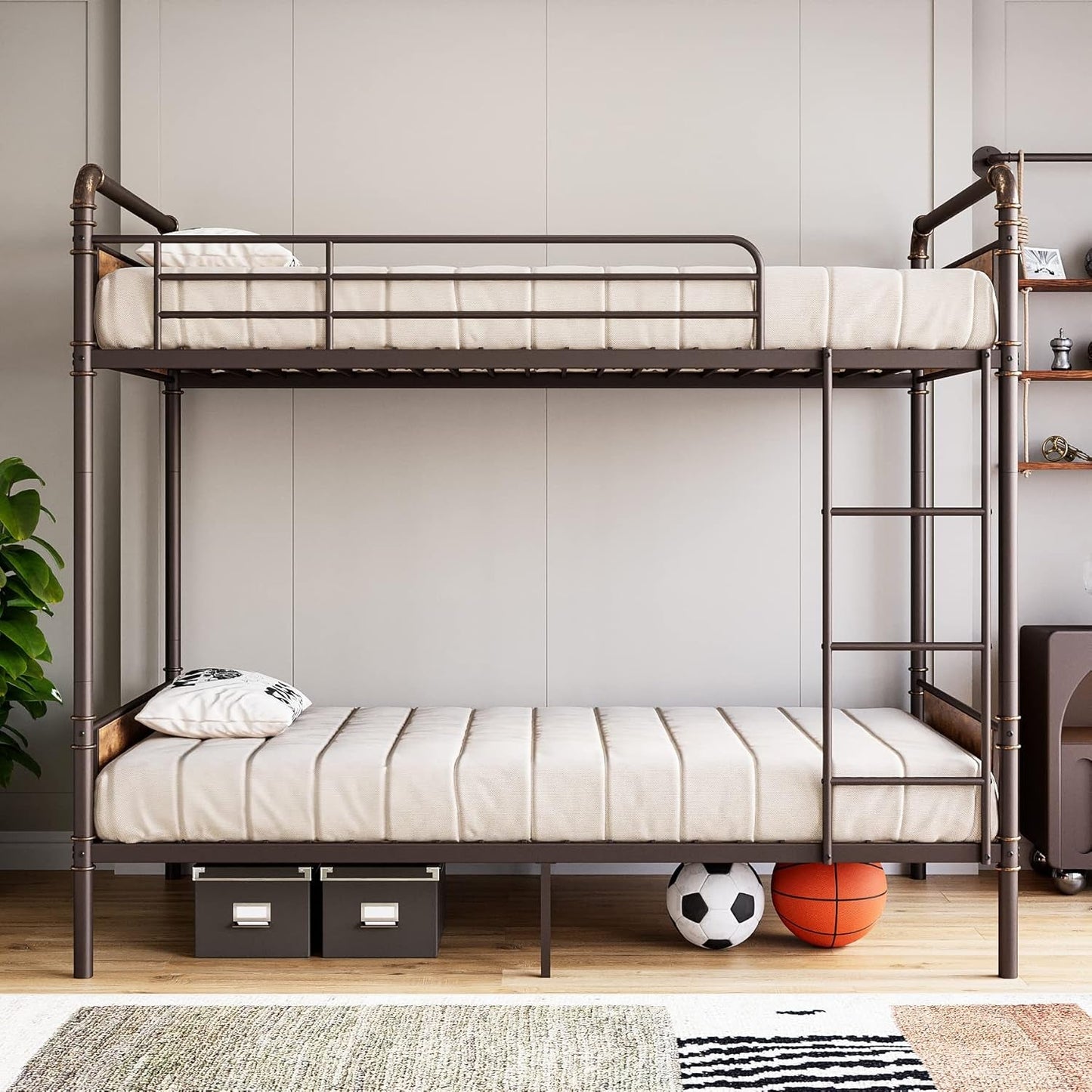 Bunk Bed Twin over Twin,Metal Bunkbeds with Ladders & 16.6" Safety Guardrail,Twin Bunk Beds for Kids,Adults and Small Spaces,No Box Spring Needed,Brown-2