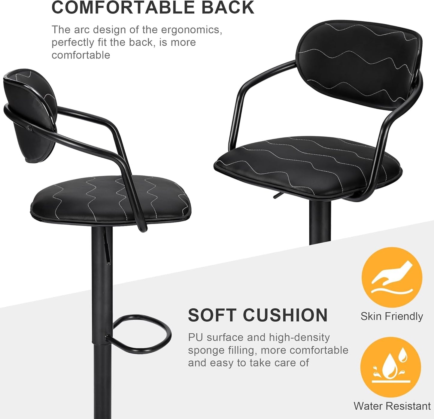 Bar Stools Set of 2, Adjustable Counter Height Barstools with Back and Arm, Swivel Bar Chairs/Pu Leather Kitchen Island Stools for Pub/Dining Room/Living Room, Black-3