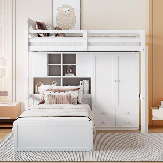Twin Bunk Bed with Drawers, Wood Twin over Twin Bunk Bed with Wardrobe, Storage Shelves and Hydraulic Bed, White-0