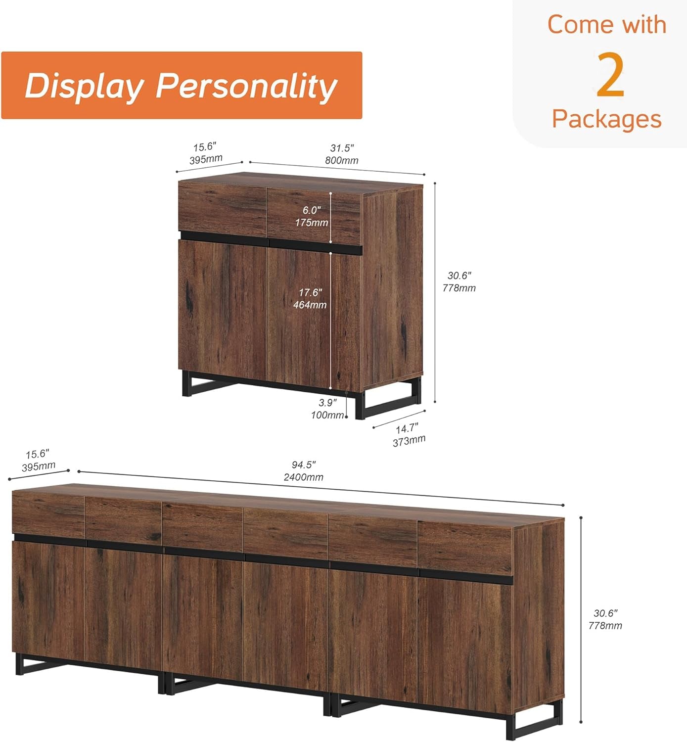 Brown 3-in-1 Modern Sideboard Buffet Cabinet with Shelf-2