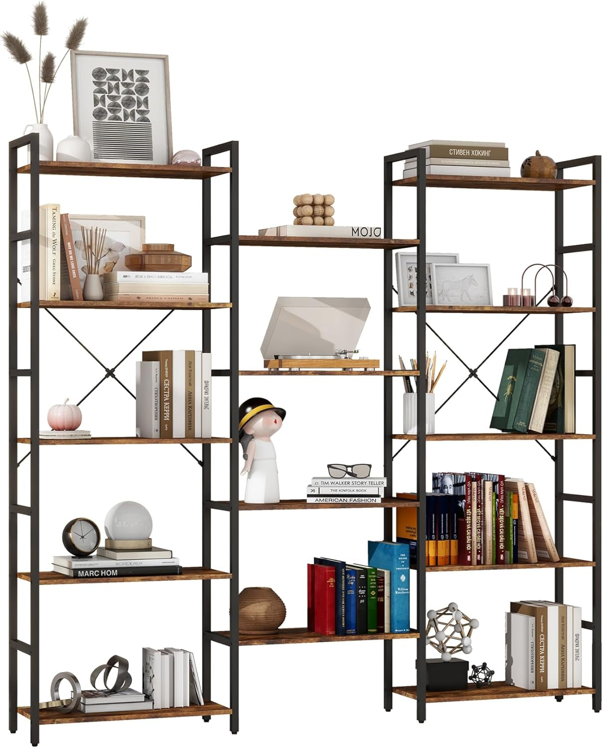 Triple 4/5/6 Tier Bookshelf, Industrial Bookcase with 11/14/17 Open Display Shelves Wide Book Shelf Book Case with Metal Frame for Living Room Home Office (Brown, 5 Tier)-0