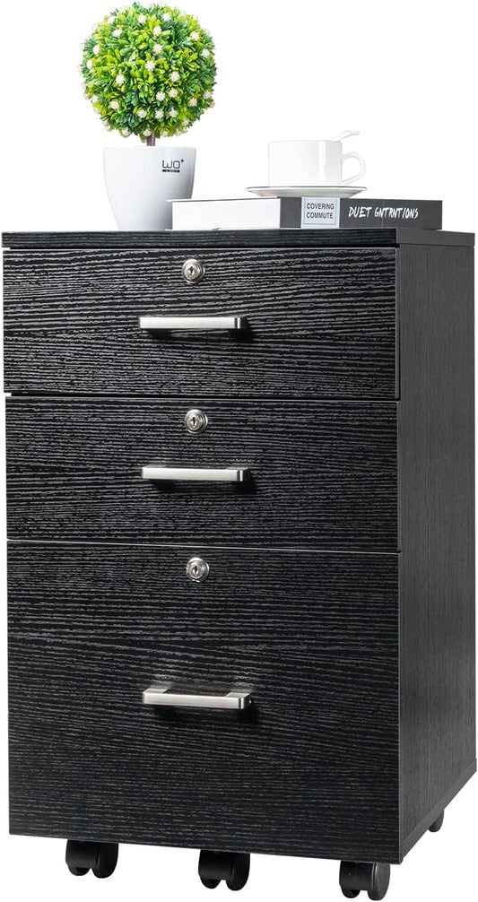 26" H 3 Drawer File Cabinet with Lock, Rolling File Cabinet under Desk, Mobile File Cabinets for Home Office, Wood Black File Cabinet Printer Stand for Letter Size Hanging/Manila File Folders-0