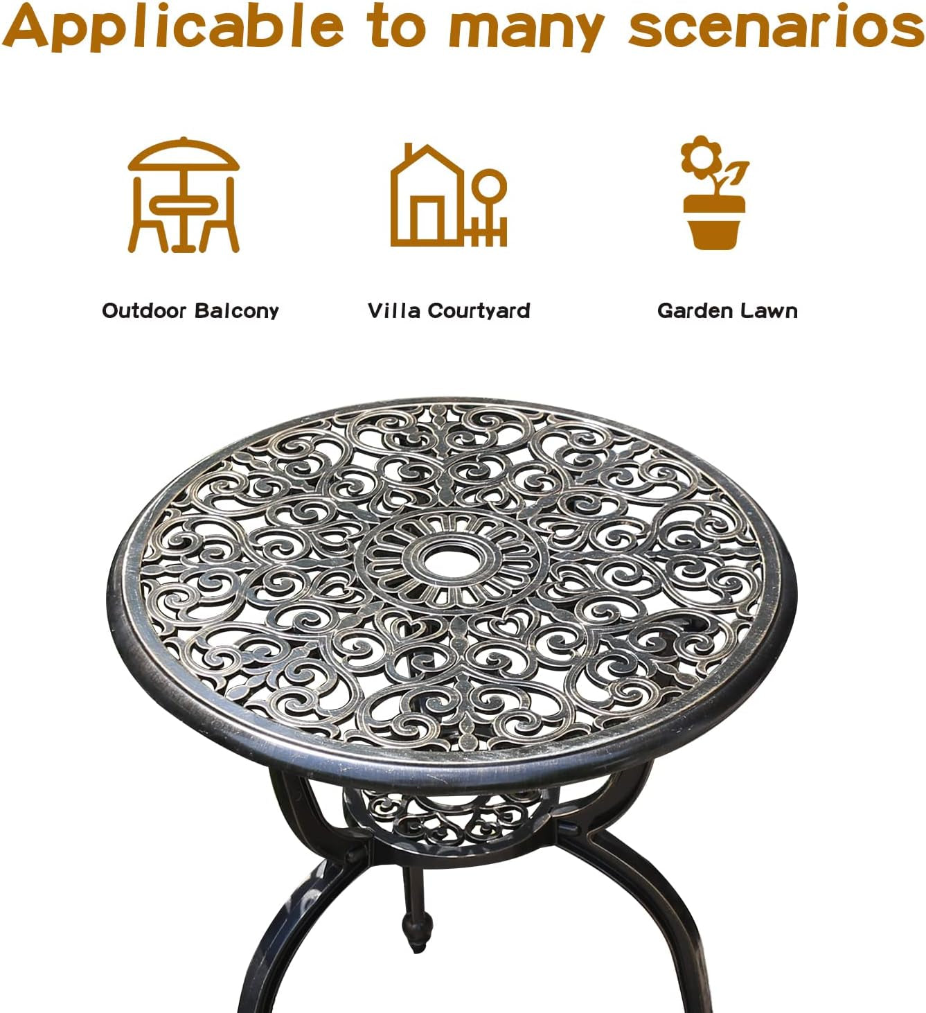 Patio Bistro Set.Rust-Resistant Cast Aluminum Bistro Table Set with Umbrella Hole for Backyard (Crown Copper)-2