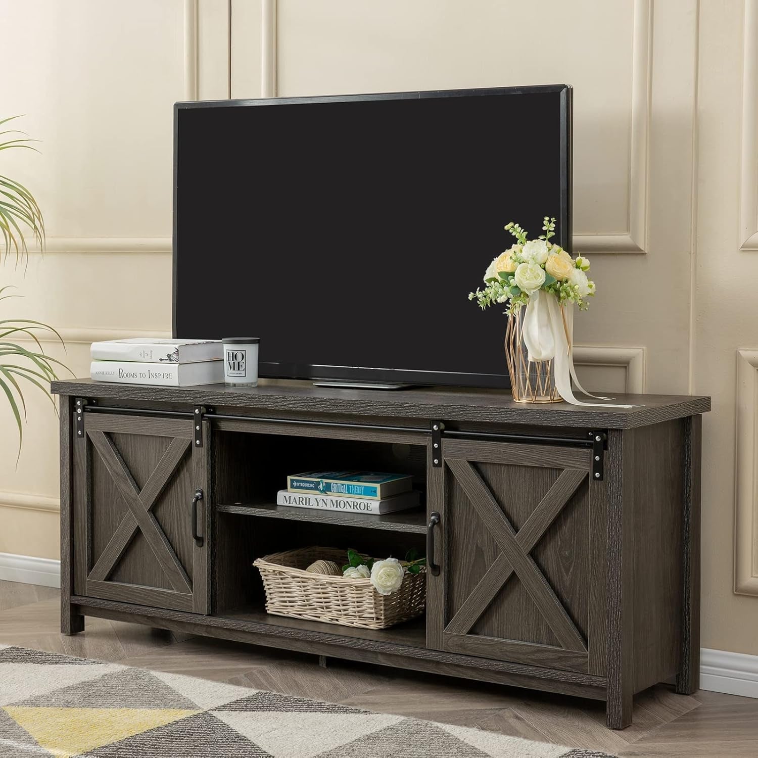 Modern Farmhouse TV Stand with Sliding Barn Doors, Media Entertainment Center Console Table for Tvs up to 65”,2-Tier Large Storage Cabinets,Rustic TV Stand for Living Room Bedroom,Dark Grey-0
