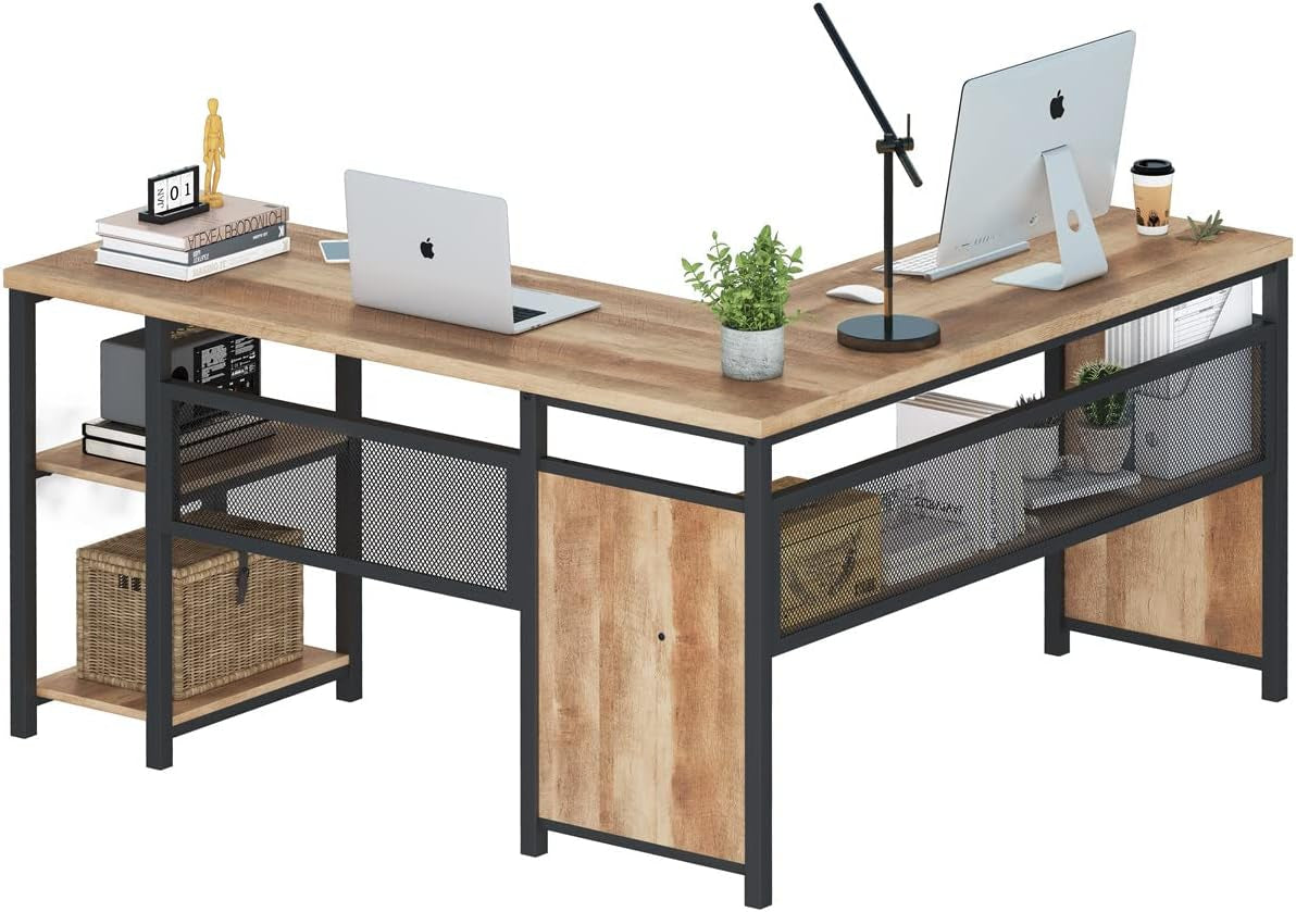 Rustic Industrial L-Shaped Office Desk with Shelves-1