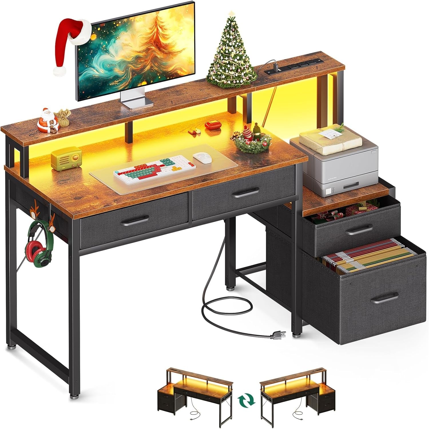 48-Inch Computer Desk with Fabric File Cabinet and Fabric Drawers, Reversible Office Desk with LED Strip and Power Strip, Gaming Desk with Monitor Riser, Writing/Study Table for Home, Vintage-0