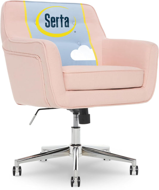 Ashland Home Office Desk Chair with Button Tufted Back, Memory Foam Cushion and Padded Arms, Mid Century Modern Vanity Armchair with Wheels for Bedroom, Chrome Metal Base, Fabric, Blush Pink-0