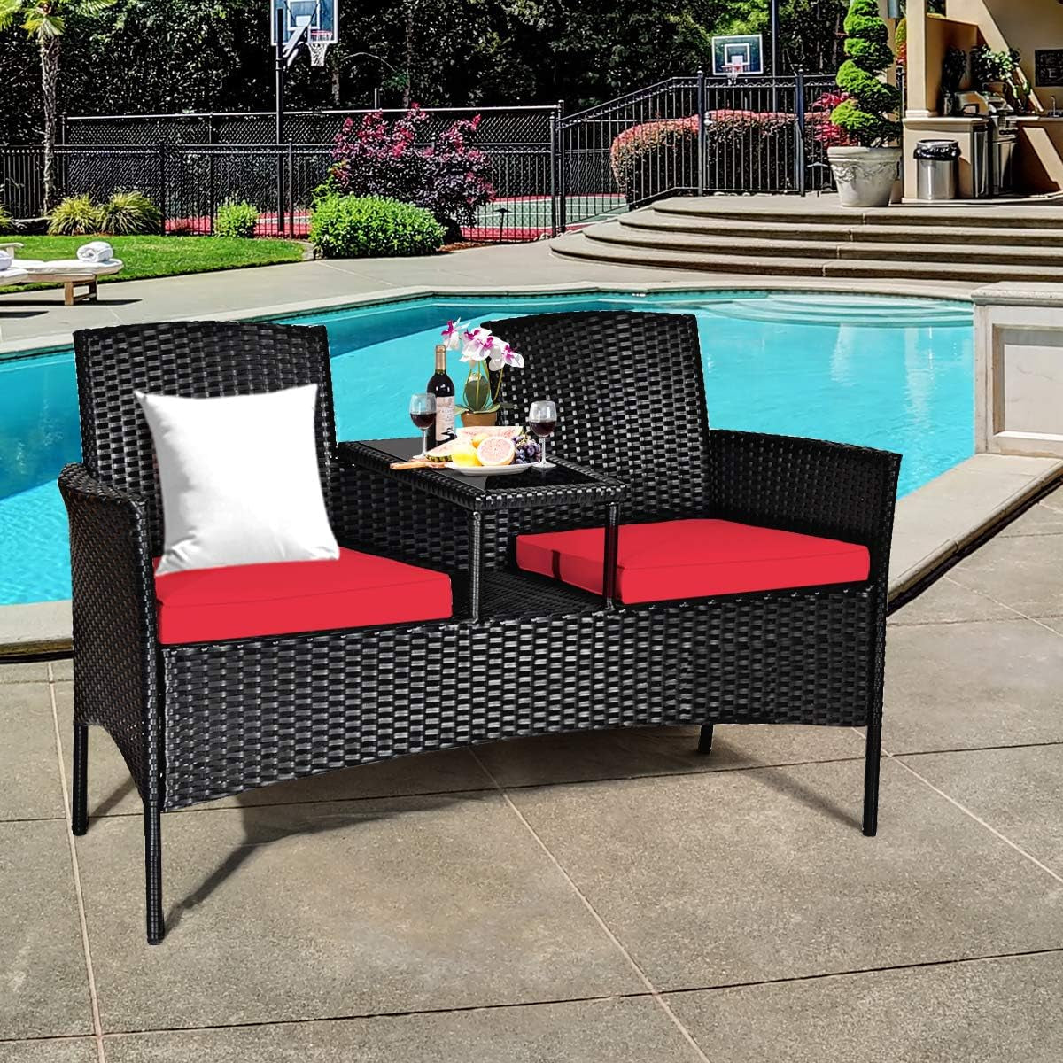 Wicker Patio Conversation Furniture Set, Outdoor Furniture Set with Removable Cushions & Table, Tempered Glass Top, Modern Rattan Bench for Garden Lawn Backyard-3