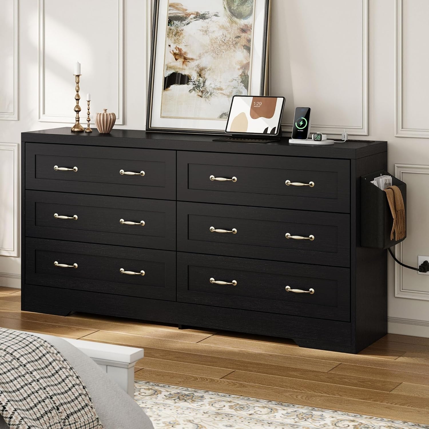 Drawers TV Stand for 65 Inches with Power Outlets -Chest of Drawers Dresser with Side Organizer Bag Entertainment Center TV Console, Black-2