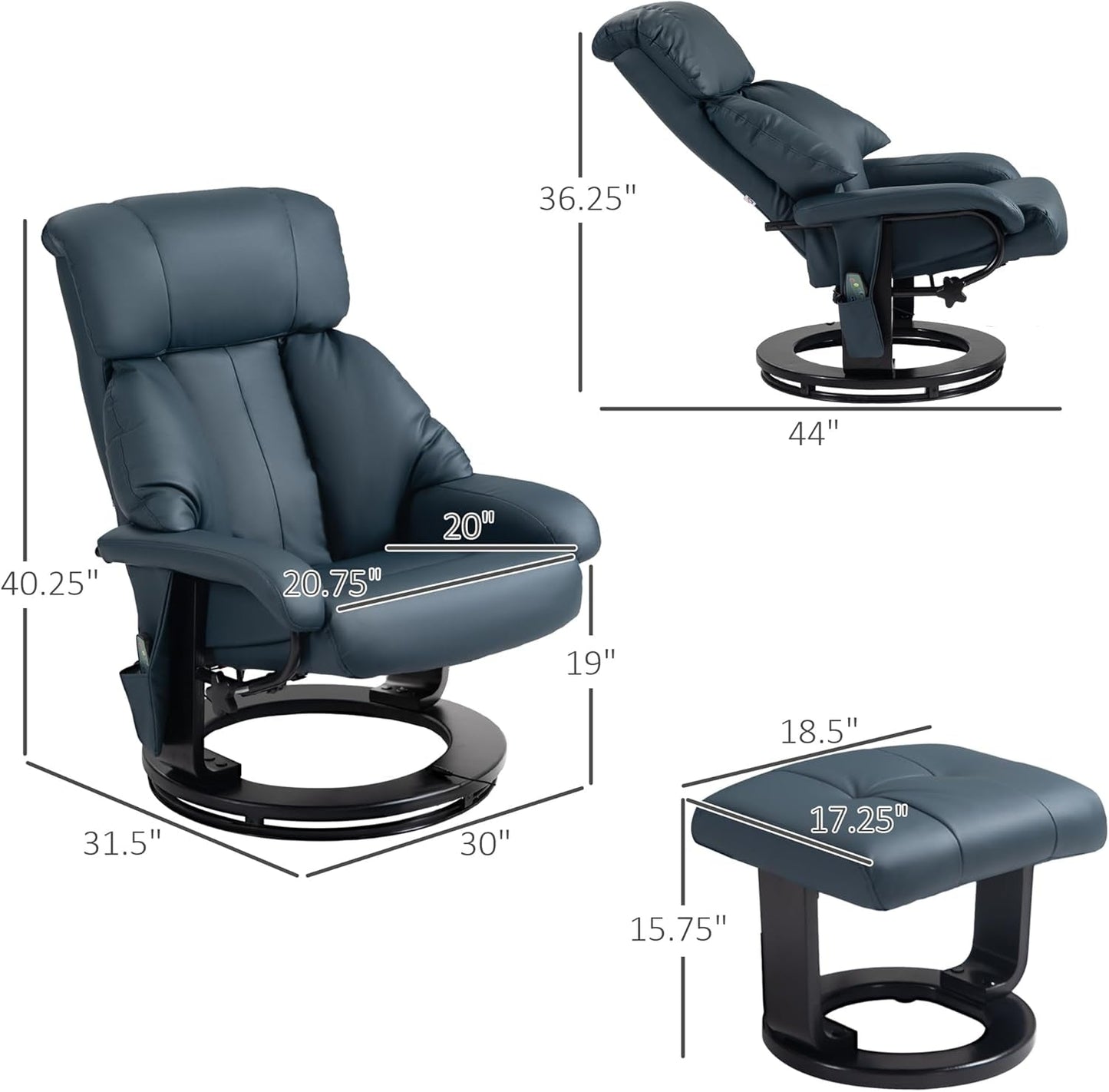 Massage Recliner Chair with Ottoman, 360° Swivel Recliner and Footstool, PU Leather Reclining Chair with Side Pocket and Remote Control, Blue-2