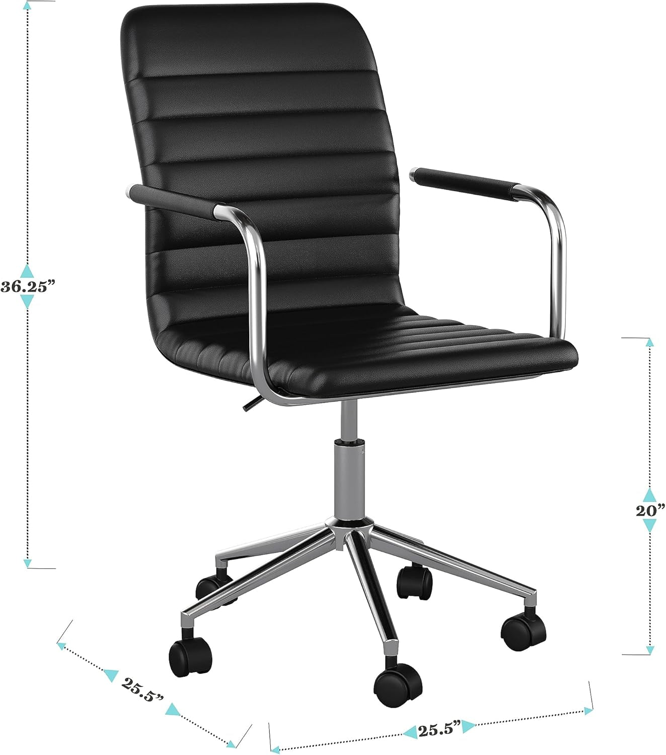 Taytum Swivel Task Chair with Armrests for Home Office in Black Faux Leather with Polished Nickel Frame-2