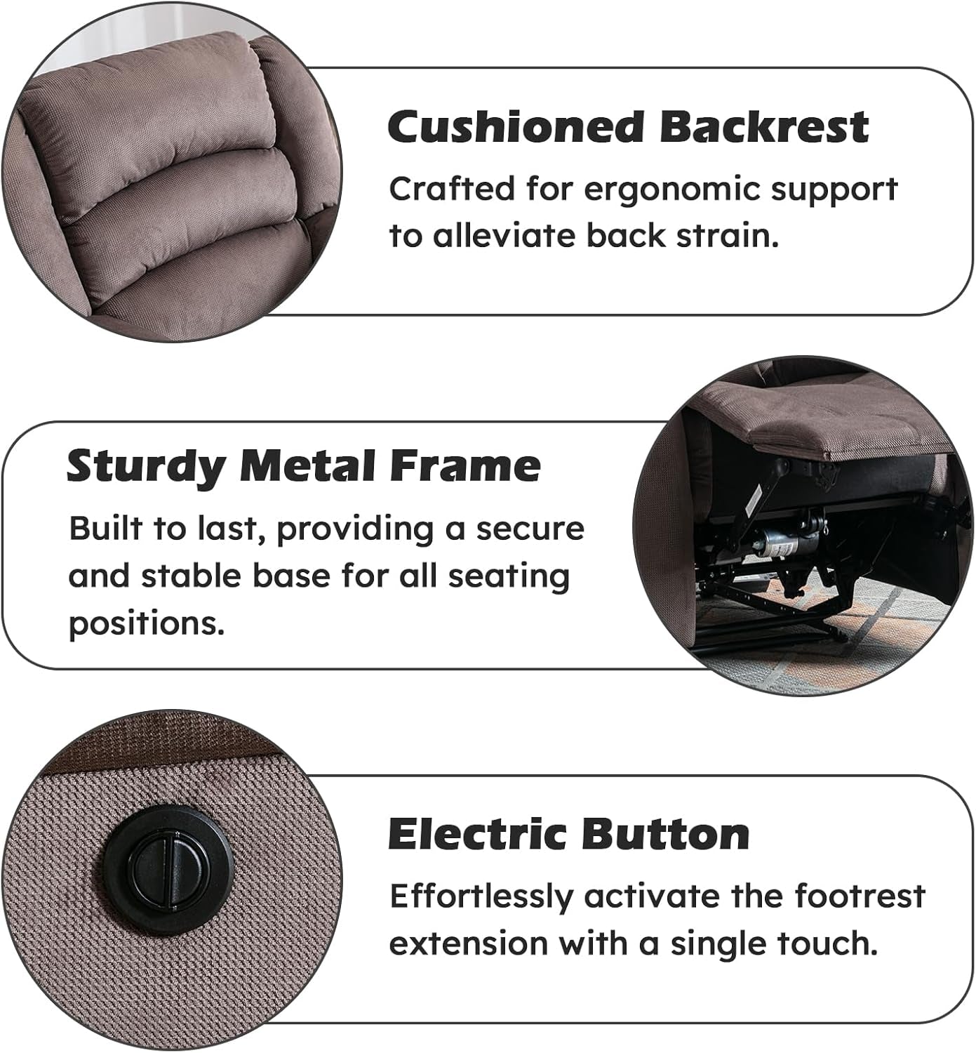 Classic Power Recliner Chair, Oversized Electric Reclining Chair with Overstuffed Cushion and Back, Soft Fabric Adults Single Recliner Sofa for Living Room, Brown-2