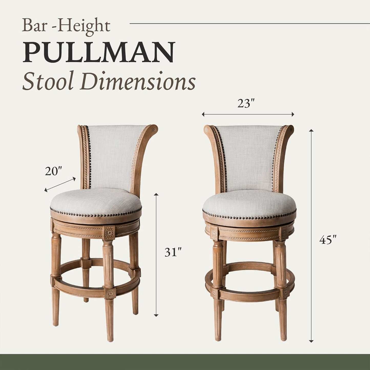 Pullman 31 Inch Tall Bar Height Upholstered Barstool with Back in Weathered Oak Finish with Sand Color Fabric Cushion Seat, Set of 3-2