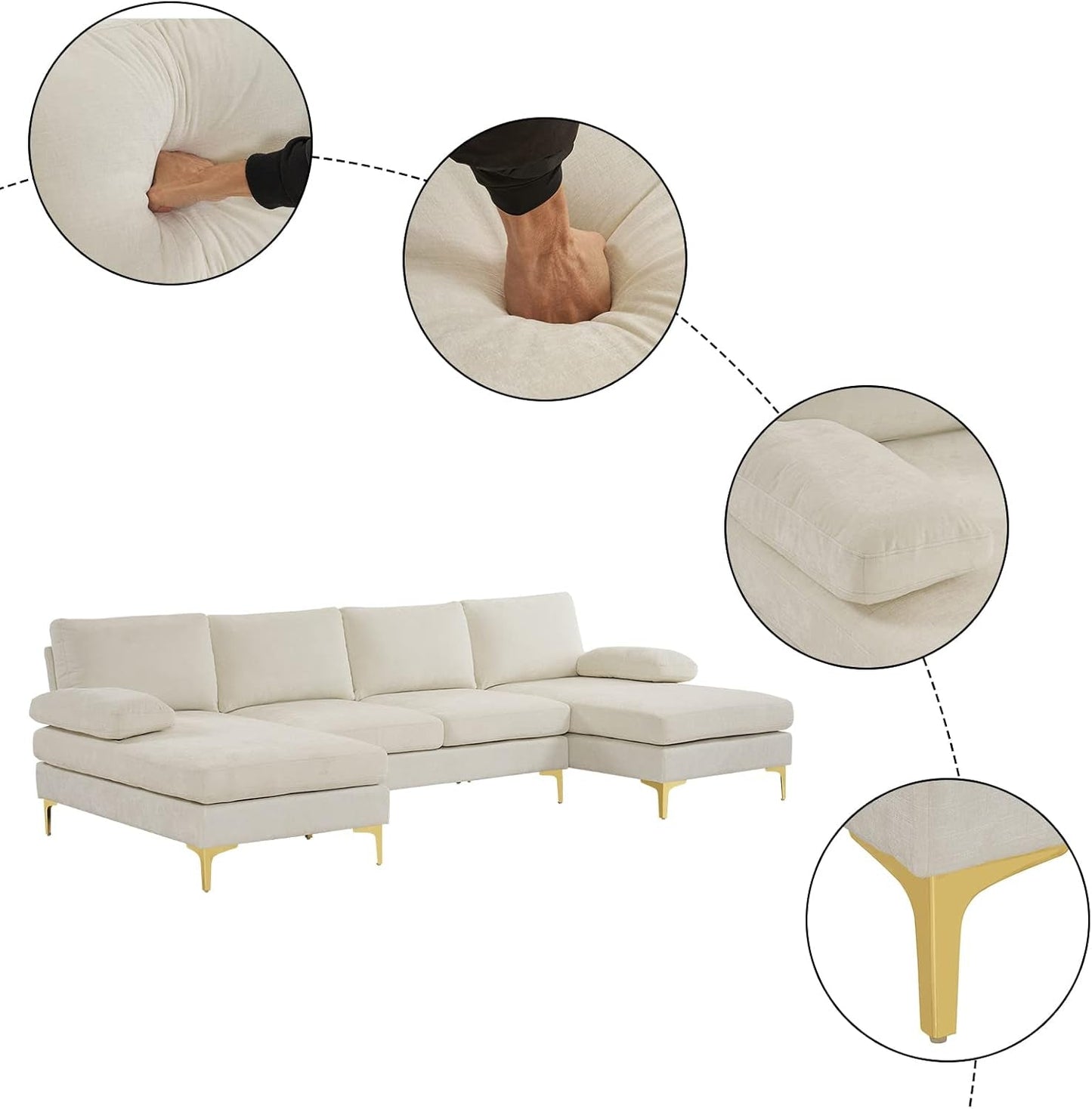 Convertible Sectional Sofa 110" U-Shape Sofa Couch 4-Seat Couch with Chaise Chenillefabric Upholstered for Living Room, Apartment, Office, Creamy White-3