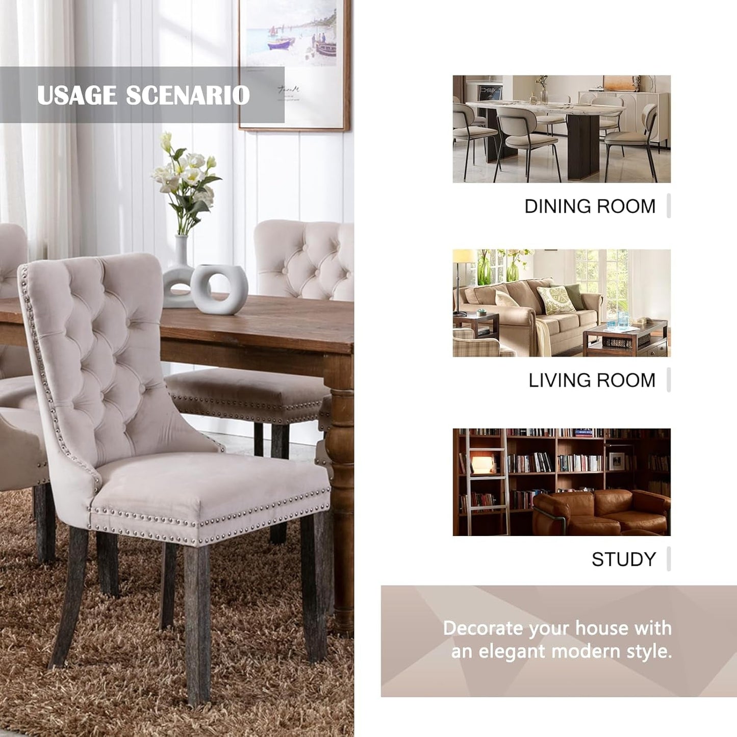 Velvet Dining Chairs Set of 4,Upholstered Dining Chairs with Ring Pull Trim and Button Back,Modern Seating for Living Room, Bedroom, Kitchen (Beige)-4