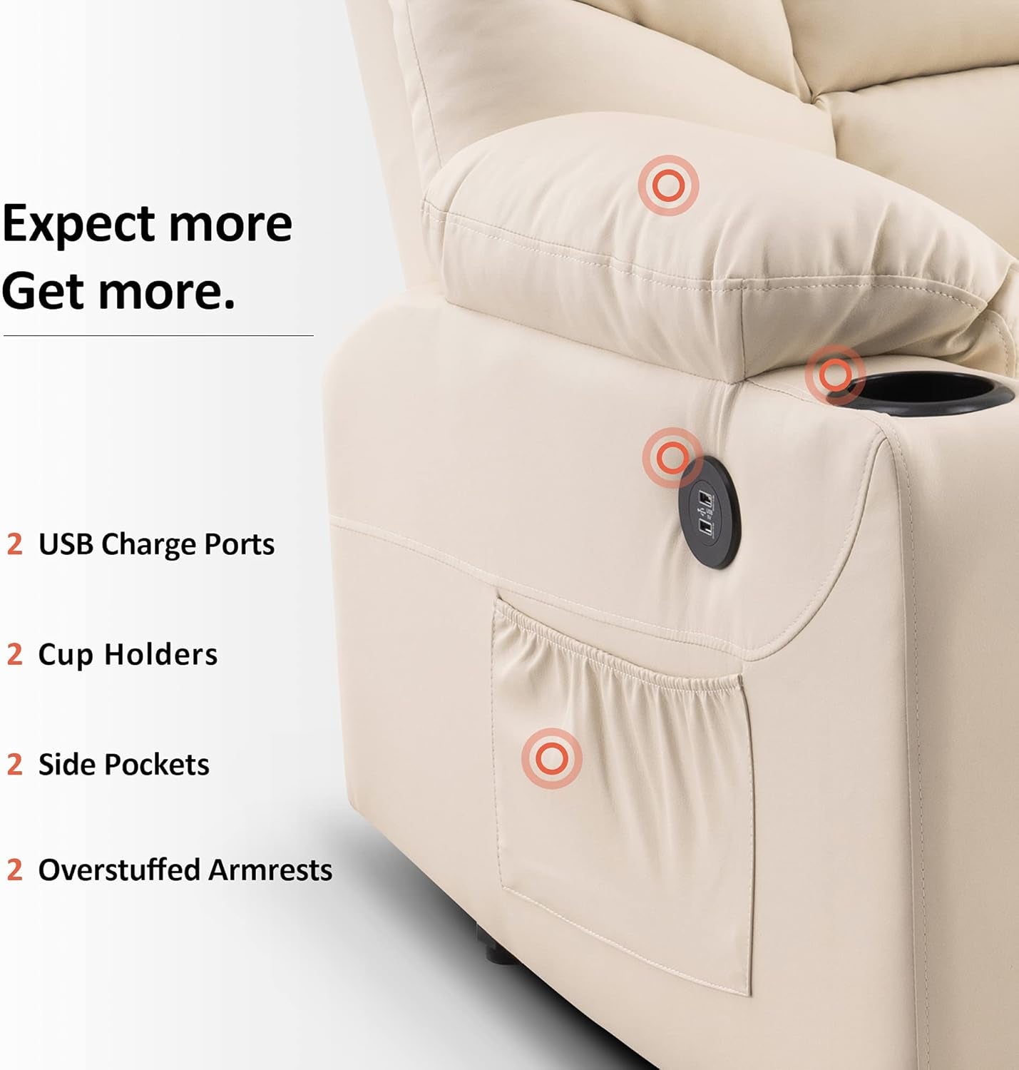 Power Lift Recliner Chair, 2 Cup Holders, USB Ports for Elderly People, Faux Leather 7288 (Cream White, Medium-Regular)-3
