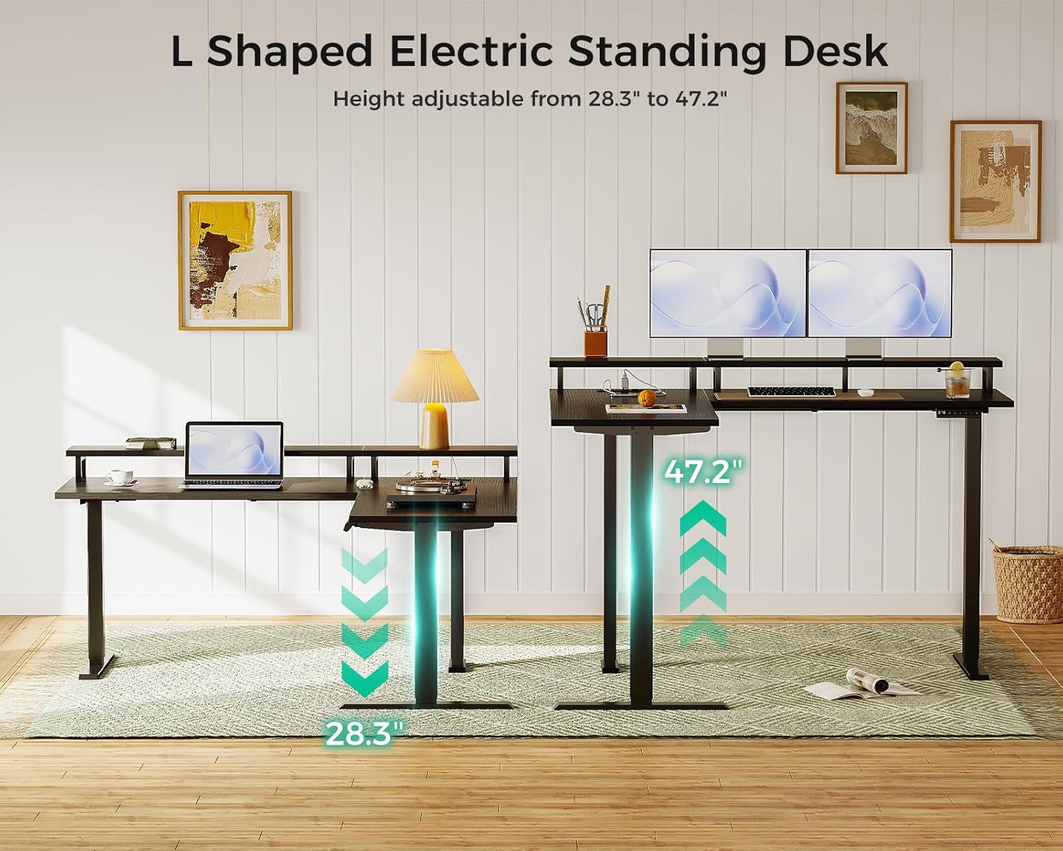 Electric L Shaped Standing Desk with Monitor Stand, 59 Inch Height Adjustable Corner Desk with Power Outlets, Large Sit Stand Table, Reversible Computer Desk for Home, Office, Black-3