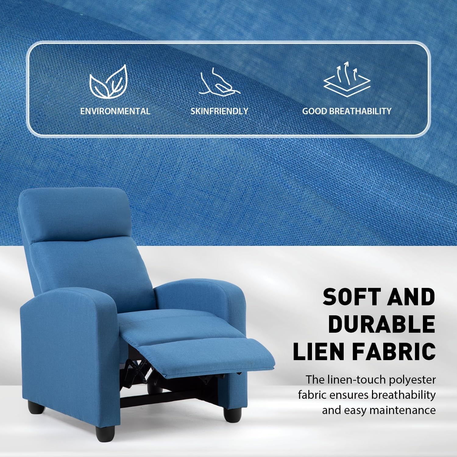 Recliner Chair Single Reclining Sofa Home Theater Seating with Lumbar Support and Padded Backrest for Living Room and Bedroom (Fabric, Blue)-4