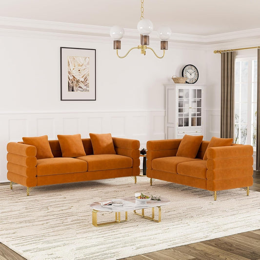 Living Room Sofa Couch and Loveseat Set, Modern Comfy Velvet Deep Seat Cloud Couch with 5 Pillows, Oversized Sofa Furniture Sets for Living Room Bedroom, Orange Velvet-0