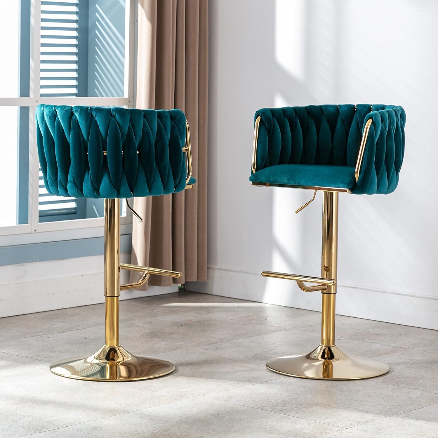 Modern Swivel Bar Stools Set of 2, Velvet Adjustable Height Barstool with Barrel Back Kitchen Island Counter Bar Chair with Golden Base, Teal Green-2