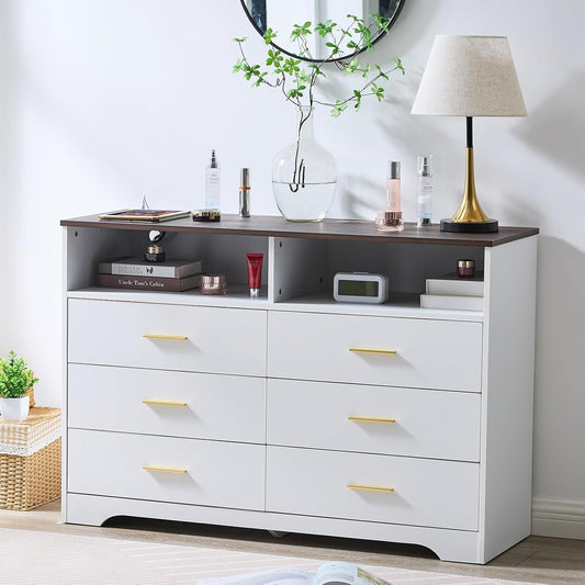 White Dresser for Bedroom Wooden, 6 Drawer Dressers & Chests of Drawers, Modern Wood Tall Dresser, 48 Inches Wide Chest of Drawers for Bedroom, Hallway, Living Room-0