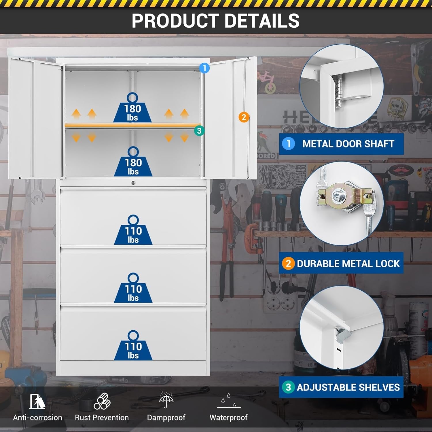 3 Drawers Metal Lateral File Cabinet with Lockable Drawer and Dorrs - White Large Steel Filing Cabinet for Home Office Hanging Files Letter/Legal/F4/A4 Size-2