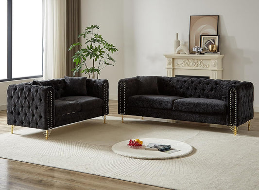 2 Pieces Chenille Living Room Furniture Sofa Couch Set,Button Tufted Comfy Couch with Nailhead Trim&Metal Legs,Mid Century Modern Couch and Loveseat Sets for Living Room(Loveseat+3 Seater Sofa,Black)-0