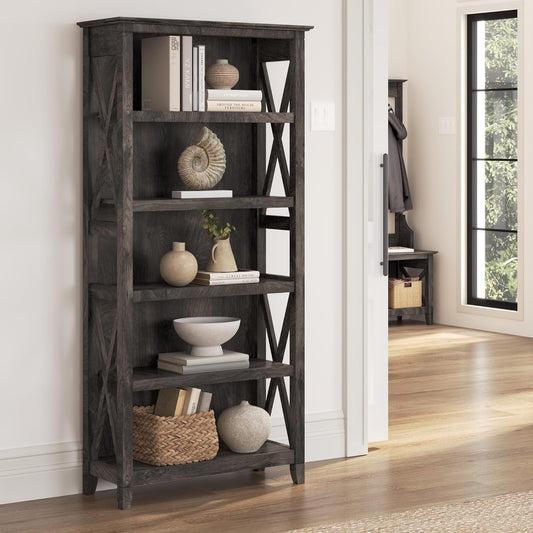 Bush Furniture Tall 5 Shelf Bookcase for Living Room or Home Office, Large Bookshelf, Modern Farmhouse Style, Key West Collection, Dark Gray Hickory-1