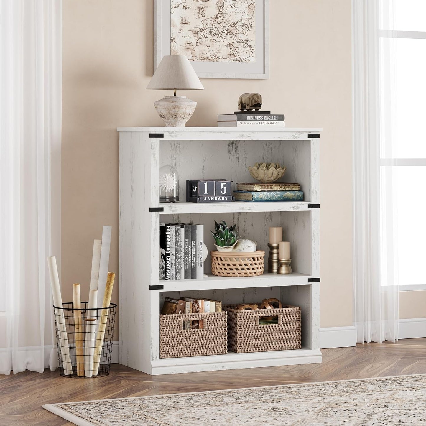 3 Tier Bookcase, Farmhouse Book Shelf with Storage, Low Book Case Wooden 3 Shelf Bookcase for Home Office, Living Room, Bed Room (White, 40.0" H X 31.5" W X 12.2" D)-1