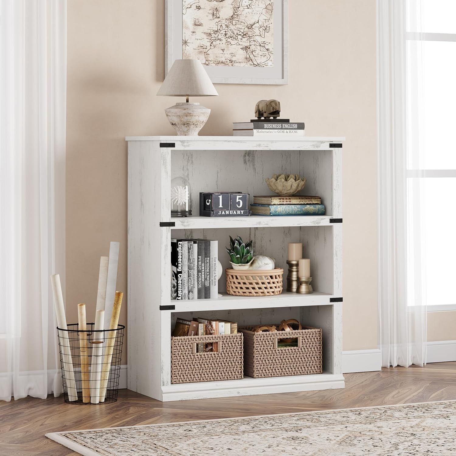 3 Tier Bookcase, Farmhouse Book Shelf with Storage, Low Book Case Wooden 3 Shelf Bookcase for Home Office, Living Room, Bed Room (White, 40.0" H X 31.5" W X 12.2" D)-1