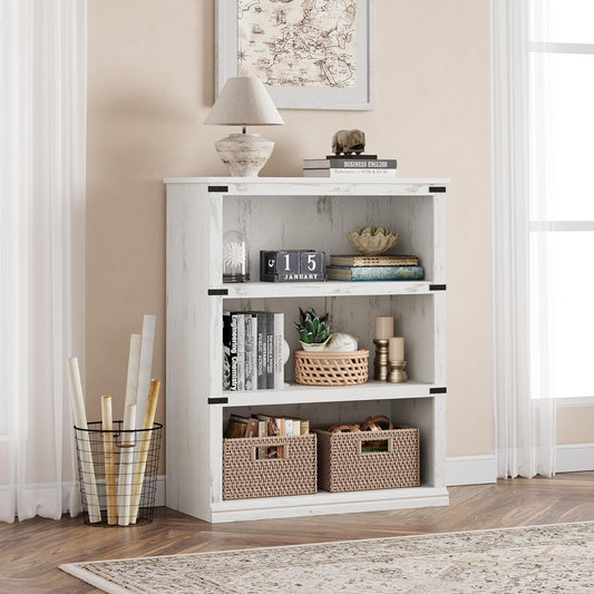 3 Tier Bookcase, Farmhouse Book Shelf with Storage, Low Book Case Wooden 3 Shelf Bookcase for Home Office, Living Room, Bed Room (White, 40.0" H X 31.5" W X 12.2" D)-1