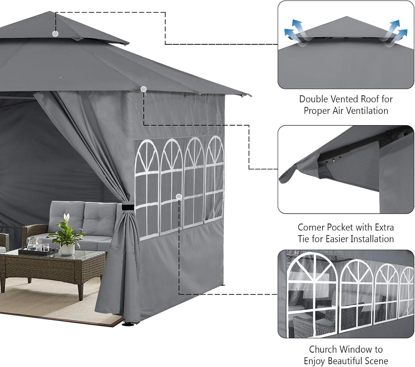 10X12 Outdoor Gazebo - Patio Screened Gazebo with Curtains and Windows for Deck, Lawn and Backyard (Dark Gray)-2