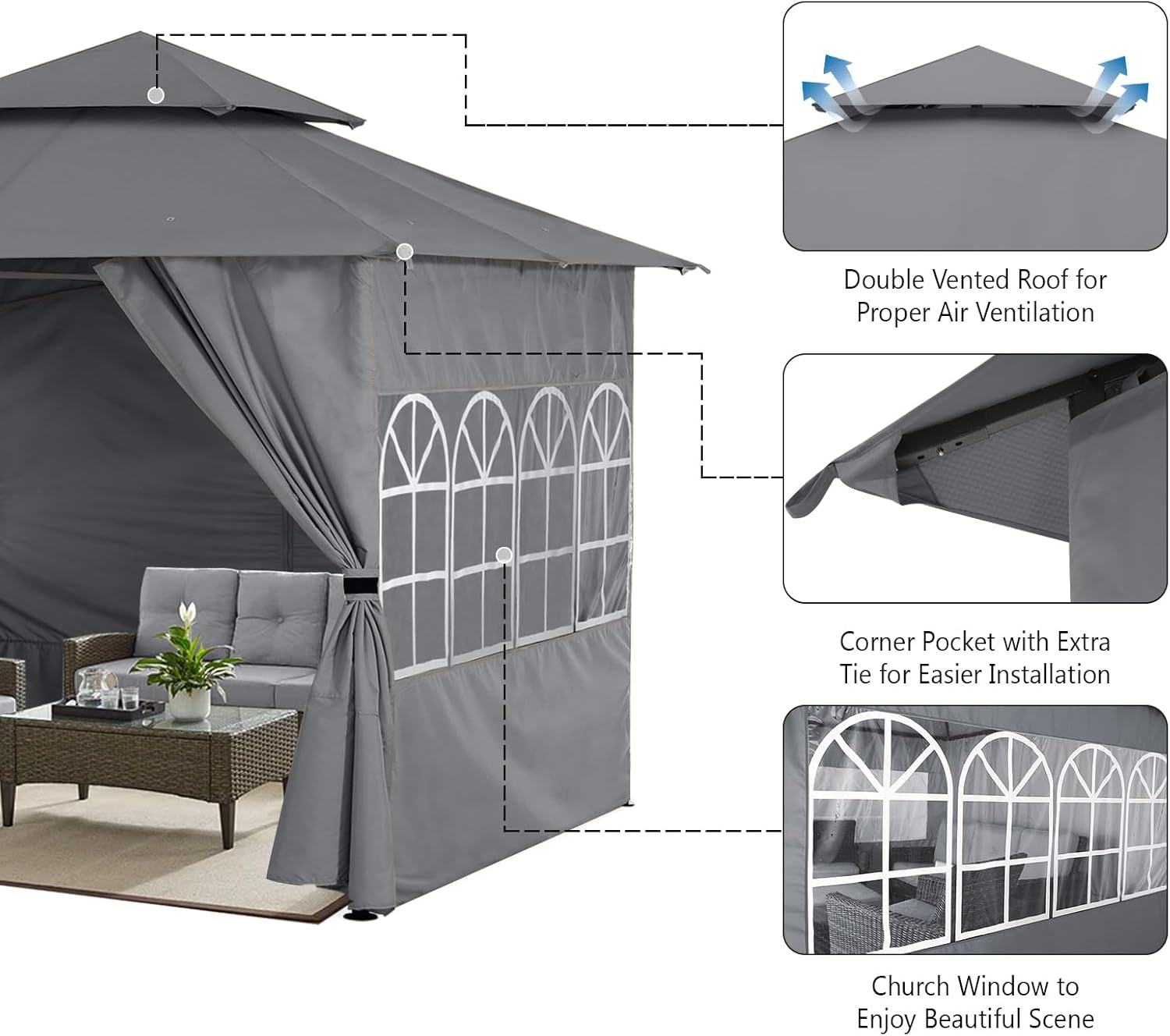 10X12 Outdoor Gazebo - Patio Screened Gazebo with Curtains and Windows for Deck, Lawn and Backyard (Dark Gray)-2
